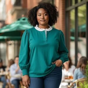 Crown & Ivy Teal Ruffle Collar Puff Sleeve Top Women’s 3X